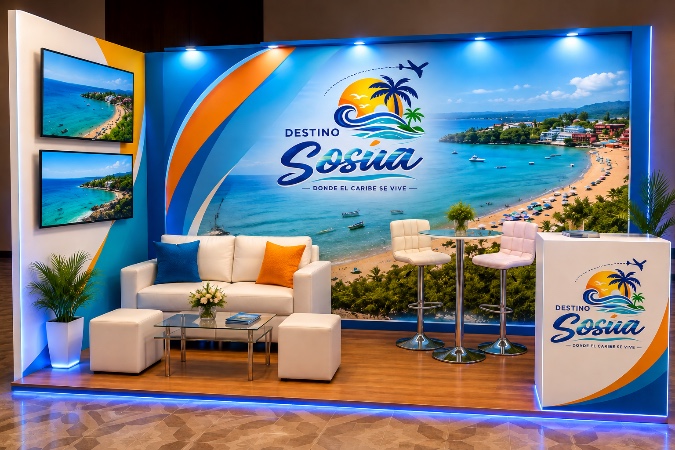 So soll der Messestand von „Destino Sosúa“ auf der Karibik-Tourismusmesse BTC 2026 in Santo Domingo aussehen.